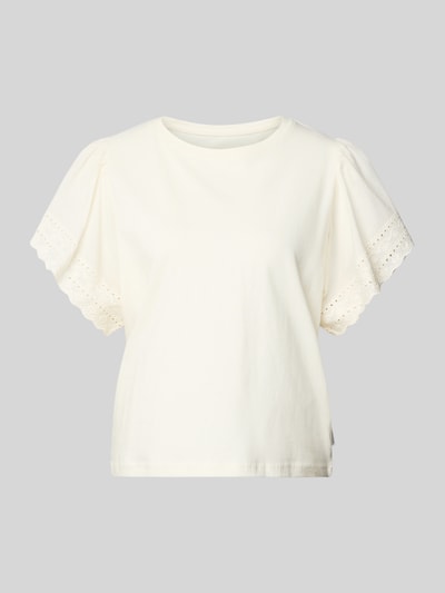 Productfoto, Regular Fit blouse met floralem stitching model 'Lima' van Mustang, puur katoen, blouse met korte mouwen, ronde hals, logopatch, ruglengte bij maat S 53 cm