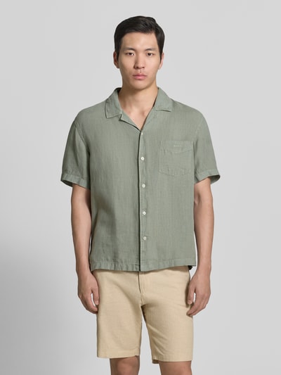 GANT regular fit linnen overhemd met borstzak en labelstitching Rietgroen - 4
