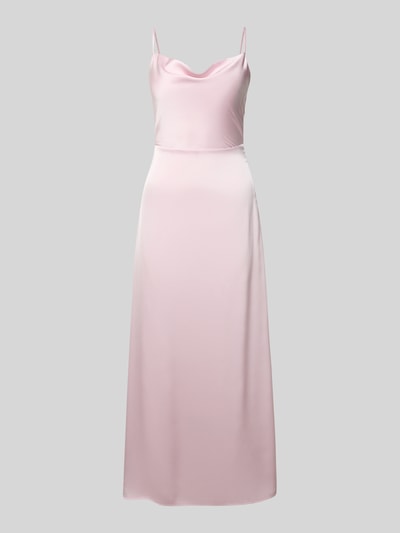 Produktfoto, Regular Fit Midikleid mit Rückenausschnitt Modell 'Ravenna' von Vila aus rosafarbenem Satin, schlichte Silhouette, glatte Textur. Kontext: Damen Midikleid, Spaghettiträger, Reißverschluss, Rückenlänge 117 cm, Brustweite 33 cm bei Größe 36.