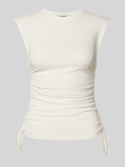 Produktfoto, Trägertop mit seitlichen Raffungen Modell 'GURI' von Topshop aus Baumwoll-Elasthan-Mix, Slim-Fit, Rundhalsausschnitt, Rückenlänge 54 cm in Größe S, elfenbeinfarbener Stoff mit glatter Textur und dezenter Drapierung.