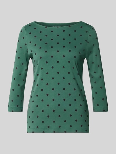 Produktfoto, Shirt aus reiner Baumwolle mit 3/4-Arm von Christian Berg Woman, grün mit schwarzen Punkten, taillierte Passform, U-Boot-Ausschnitt.