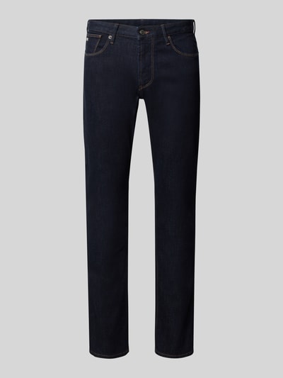 Produktfoto, Slim Fit Jeans im 5-Pocket-Design von Emporio Armani in Dunkelblau, glatte Oberfläche, schmale Passform, elastischer Baumwoll-Mix