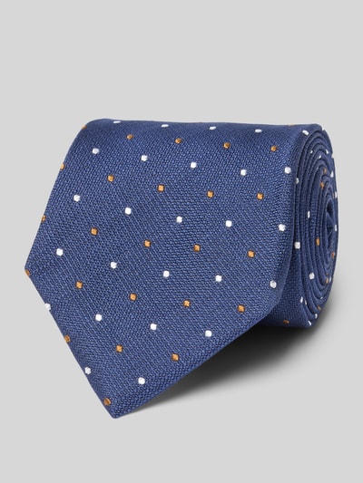 Produktfoto, Krawatte aus reiner Seide mit Label-Detail von altea, klassisch geschnitten, dunkelblau mit weißen und orangen Punkten, Breite 8 cm.