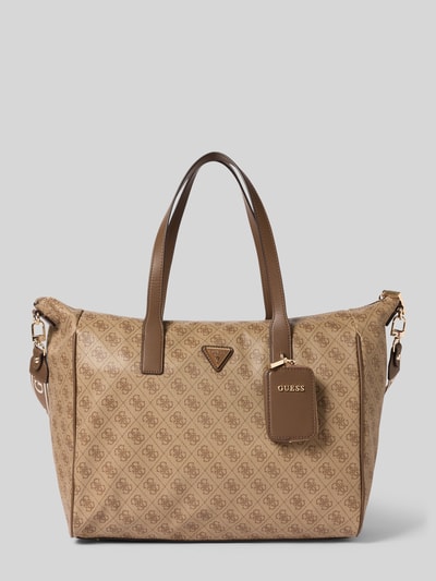 Produktfoto, Shopper mit Logo-Muster Modell 'LATONA CARRYON' von Guess in Beige-Braun, Reißverschluss, Tragehenkel, Schulterriemen, glatte Textur