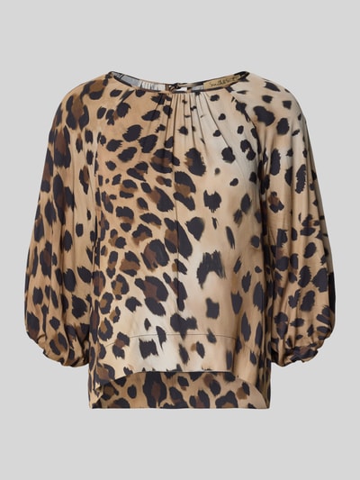 Produktfoto, Relaxed Fit Bluse aus reiner Viskose von Smith and Soul mit Allover-Animal-Print, U-Boot-Ausschnitt, 3/4-Arm, beige-braune Töne, seidige Textur