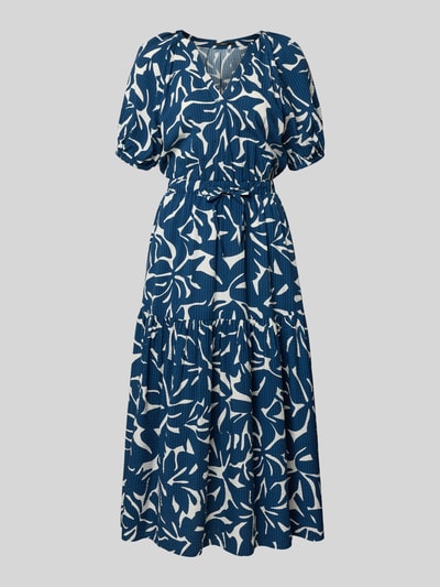 Produktfoto, Midikleid aus Viskose-Baumwoll-Mix mit V-Ausschnitt von Zero in Dunkelblau mit weißem Allover-Look, A-Linie, Bindegürtel, Rückenlänge bei Größe 36: 124 cm, Brustweite: 42 cm, Ärmellänge: 23 cm