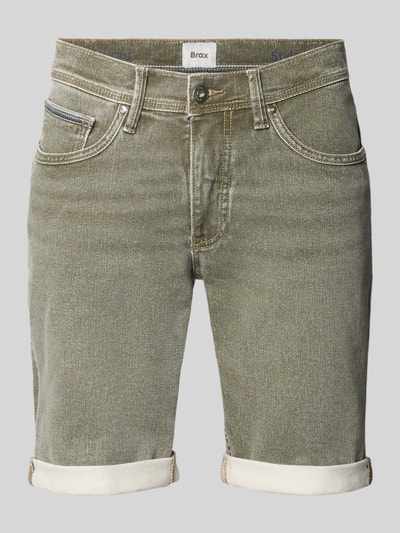Produktfoto, Regular Fit Jeansshorts aus Baumwoll-Mix von Brax, unifarbene Optik, 5-Pocket-Design, Knopfverschluss, grün-beige Textur