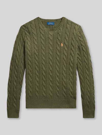 Produktfoto, Regular Fit Strickpullover aus reiner Baumwolle von Polo Ralph Lauren w jednolitym kolorze, wzór warkoczowy, krój regular fit, okrągły dekolt, długi rękaw, prążkowane wykończenia, bawełna, detal z logo.