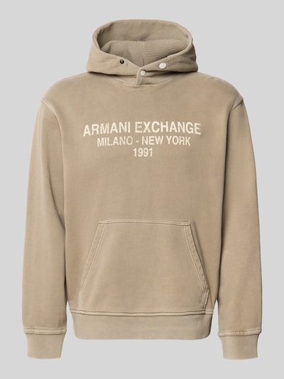 Produktfoto, Hoodie mit Label-Print von Armani Exchange aus reiner Baumwolle in Beige, lockerer Schnitt, Kapuze, Kängurutasche, elastische Abschlüsse