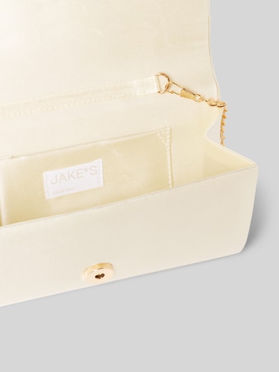 Produktfoto, Clutch aus Satin mit Knotendetail von Jake*s Cocktail, cremefarbene Tasche mit Magnetverschluss, Innenfach und goldener Kette
