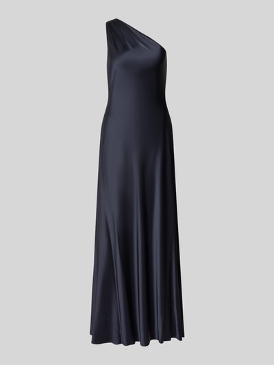 Produktfoto, figurbetontes Abendkleid mit One-Shoulder-Ausschnitt von Lauren Ralph Lauren in dunklem Blau mit glatter Textur. Damen Abendkleid.