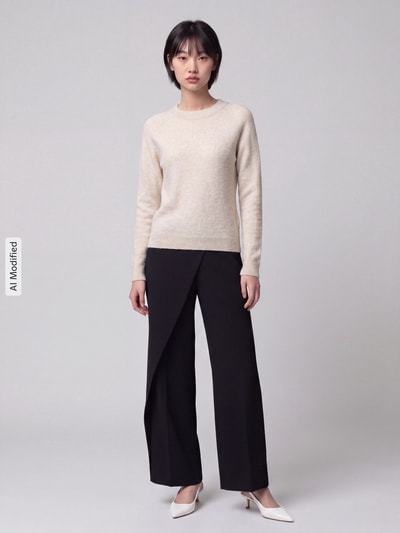 Frauenmodel trägt Regular Fit Pullover mit Rundhalsausschnitt Modell 'RICA' von ONLY, beige, kombiniert mit schwarzen Stoffhosen, Ganzkörperansicht von vorne, Damen Pullover von ONLY, KI-modifiziertes Bild.