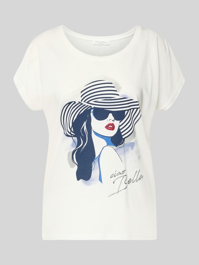 Produktfoto, weißes T-Shirt aus Baumwoll-Viskose-Mix mit blauem und rotem Motiv-Print, Rundhalsausschnitt, Christian Berg Woman
