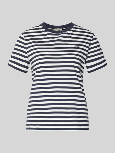 Produktfoto, T-Shirt mit Rundhalsausschnitt und Label-Stitching von Gant, Damen T-Shirt aus Reine Baumwolle, Regular-Fit, blau-weiß gestreift