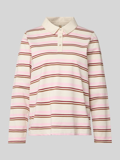 Produktfoto, Poloshirt aus reiner Baumwolle von Soyaconcept mit rosa und braunen Streifen, gerader Schnitt, Polokragen, langärmeliges Design.