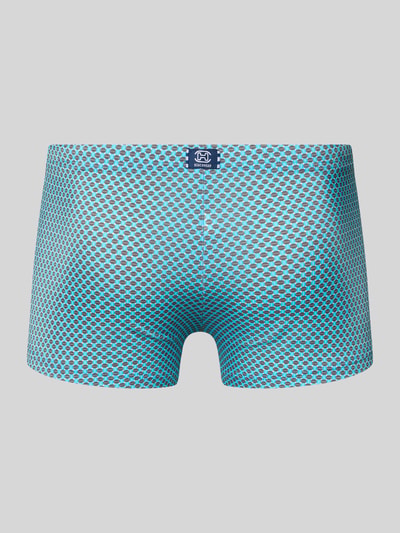 Produktfoto, Badehose im Allover-Look Modell 'Cappuccino' von HOM für Herren aus Material-Mix mit Stretch-Anteil, körpernahe Passform, elastischer Bund, Tunnelzug, blau-grün gemustert mit geschmeidiger Textur
