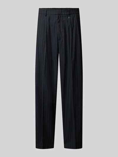 Produktfoto, Stoffhose mit Bügelfalte Modell 'LEON' von Antony Morato, schwarz mit feinen Nadelstreifen, Wide Fit, Material-Mix mit Viskose-Anteil, Haken- und Reißverschluss, französische Eingrifftaschen, Gesäßleistentaschen, klare Linien, glatte Textur