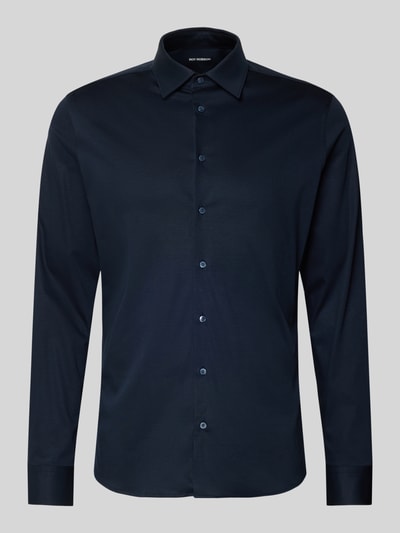 Produktfoto, Slim Fit Business-Hemd mit kentkraag van Roy Robson, puur katoen, knoopsluiting, sportmanchetten, ruglengte maat 40 74 cm, schouderbreedte 44 cm, mouwlengte 68 cm, effen donkerblauw, gladde textuur