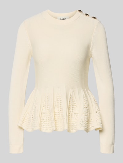 Produktfoto, Strickshirt mit Schößchen Modell 'UTAMA' von Bash, mieszanka bawełny i modalu, dopasowany krój, okrągły dekolt, ozdobne guziki, baskinka z perforowaniem, prążkowane wykończenia rękawów, długość tyłu w rozmiarze S 58 cm, długość rękawów w rozmiarze S 63 cm, kolor kremowy, faktura dzianiny