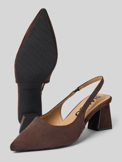 Produktfoto, Pumps mit offener Ferse von BIANCO in brauner Velours-Optik, spitze Passform, glatte Sohle, 6 cm Absatzhöhe, 20 cm Schaftweite