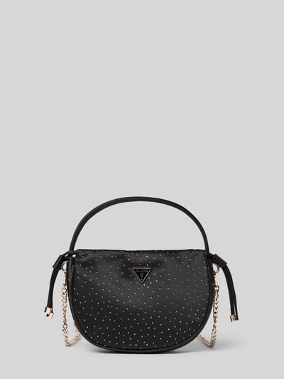 Produktfoto, schwarze Handtasche mit Ziersteinbesatz Modell 'ELSIE' von Guess, Label-Applikation, Tragehenkel, Magnetverschluss, Hauptfach, Breite 22 cm, Länge 15 cm, Tiefe 6 cm, Schulterriemen 108 cm, feine glatte Struktur