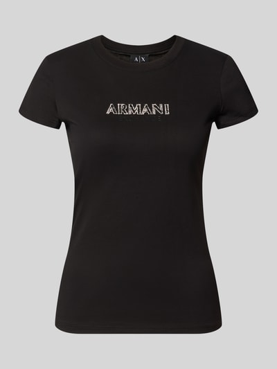 Produktfoto, Slim Fit T-Shirt aus Baumwolle von Armani Exchange in Schwarz mit Rundhalsausschnitt und Strasssteinbesatz am Label-Detail