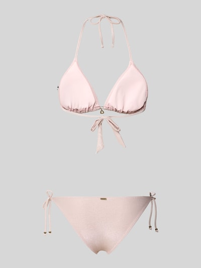 Produktfoto, Bikini mit wattierten Cups und seitlicher Schnürung von Banana Moon, różowy, połyskujący materiał z elastycznym dodatkiem, model 'CRICOMASSA GLITTERWAVE', detal z serduszkiem oraz boczne wiązania, kontekst: damski bikini, trójkątny fason, label-detail