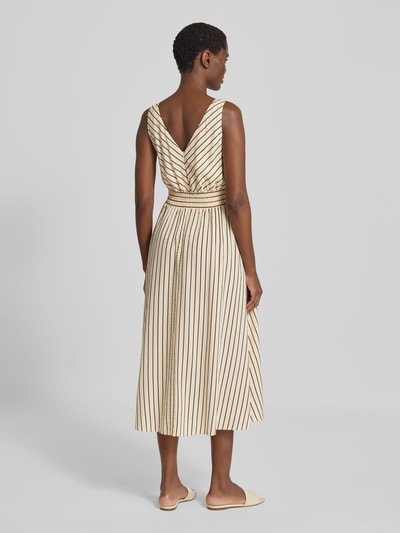 Frauenmodel trägt Midikleid aus Viskose-Mix mit kurzer Knopfleiste von zero, taillierter Schnitt, cremefarben mit feinen Streifen, Ganzkörperansicht Rückansicht.