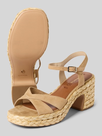 Produktfoto, Sandalen aus reinem Leder von Tamaris in heller Nubuk-Lederoptik mit Keilabsatz, strukturierter Sohle und offener Spitze