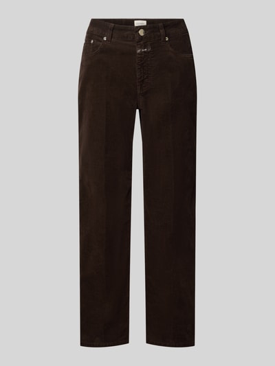 Produktfoto, Straight Fit Jeans in Cord-Optik Modell 'Milo' von Closed, dunkelbraun, elastischer Baumwoll-Mix, 5-Pocket-Design, verkürzte Passform, sichtbare Knopf- und Reißverschlussleiste, feine Struktur, glatte Oberfläche