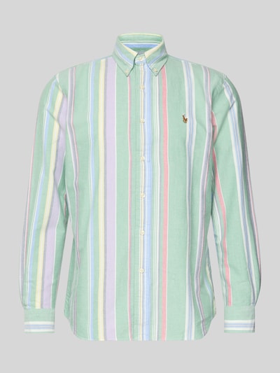 Produktfoto, Regular Fit Freizeithemd aus reiner Baumwolle von Polo Ralph Lauren mit Optik: Allover-Muster, vertikale Streifen in Grün, Rosa, Gelb, Lila und Weiß, Slim Fit, Button-Down-Kragen, durchgehende Knopfleiste, Logo-Stitching, Langarm mit Manschette, abgerundeter Rumpfabschluss, reine Baumwolle