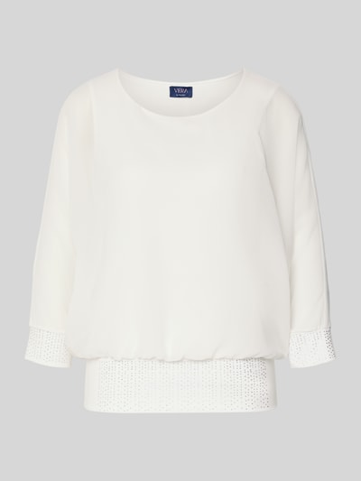 Produktfoto, Blusenshirt mit Ziersteinbesatz von Vera Mont, krój regular fit, okrągły dekolt, rękaw o dł. 3/4, długość tyłu w rozmiarze 36: 59 cm, biała tkanina, delikatna struktura, połyskujące obszycie ozdobnymi kamieniami