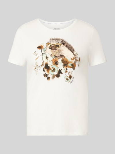 Produktfoto, T-Shirt mit Motiv-Print und Rundhalsausschnitt von Marc Cain, reine Baumwolle, Slim Fit, florale Muster, helle Farben, Kontext: Rückenlänge bei Größe 36 beträgt 51 cm