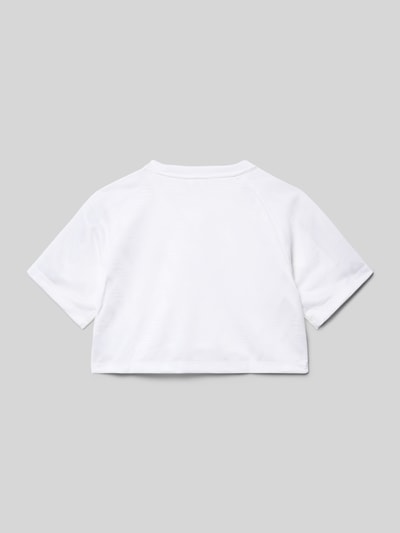Produktfoto, Boxy Fit T-Shirt mit Kontrststreifen von adidas Originals, unifarben weiß, Cropped-Länge, Rundhalsausschnitt, kurzarm.