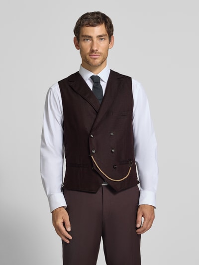 Männermodel trägt Weste aus Woll-Mix mit Reverskragen Modell 'Mathew' von CG – CLUB of GENTS, regular fit, dunkel, Ganzkörperansicht von vorne.