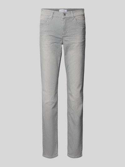 Produktfoto, lichtgrijze straight fit jeans in 5-pocket-design, katoenmix met stretch, model 'CICI' van Angels, detail van voren