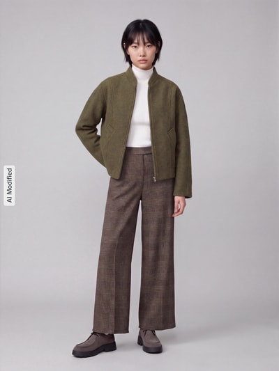 Kobiece model prezentuje Regular Fit Blouson aus Woll-Mix Modell 'JACQUELINE' od Selected, kolor khaki, struktura gładka, damska bomberka/bluzon, pełny widok z przodu, KI-modifiziertes Bild.