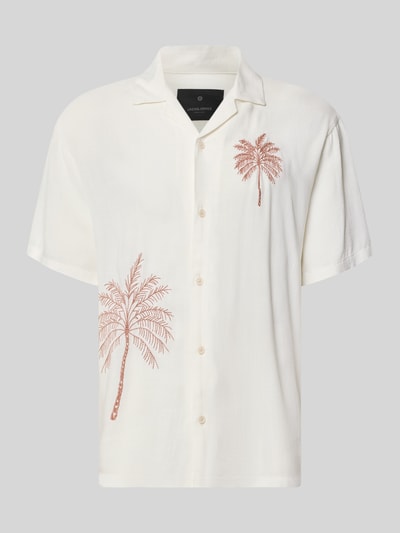 Produktfoto, Relaxed Fit Freizeithemd aus Viskose mit Stitchings von JACK & JONES, cremefarben mit roten Palmen, Reverskragen, Knopfleiste