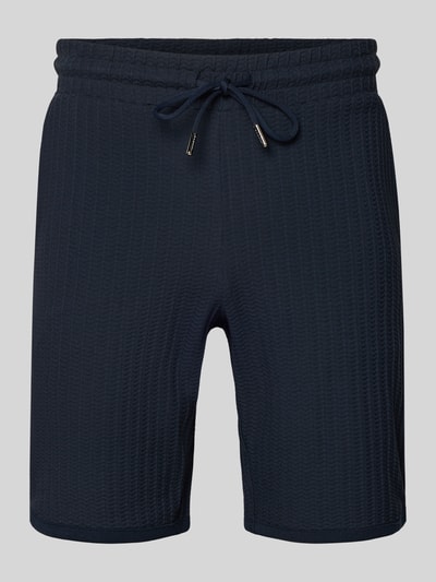 Produktfoto, Shorts mit Strukturmuster und elastischem Bund von bugatti aus Reine Baumwolle im Regular-Fit mit Tunnelzug, dunkelblau, Bundweite 43 cm, Innenbeinlänge 21 cm.