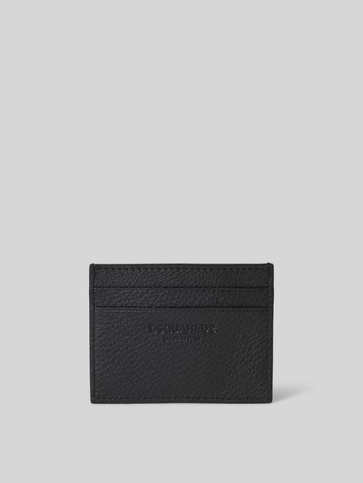 Produktfoto, schwarzes Portemonnaie mit Logo-Prägung von Dsquared2, Strukturmuster, Steckfächer, Hauptfach, Breite 10 cm, Länge 7 cm.