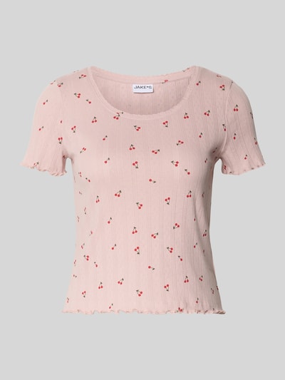 Produktfoto, Pyjama-Oberteil mit Muschelsaum von Jake*s Casual aus Reine Baumwolle im Pointelle-Muster, Gerader-Schnitt, Rundhalsausschnitt, rosa mit Kirschenmuster