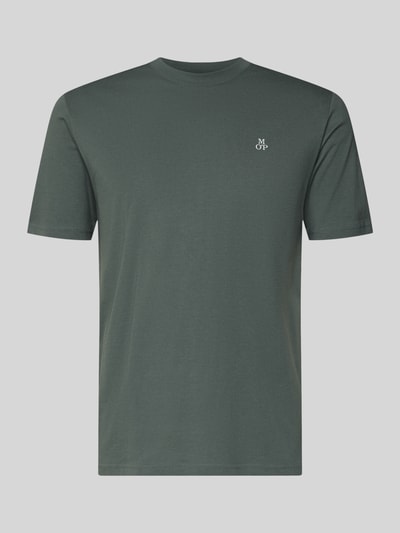 Produktfoto, T-shirt mit Label-Print von MARC O'POLO z bawełny, prosty krój, jednokolorowy, okrągły dekolt, detal z logo