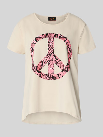 Produktfoto, Relaxed Fit T-Shirt mit Motiv-Print Modell 'Peace' von miss goodlife, cremefarben mit pink-schwarzem Peace-Zeichen, elastischer Baumwoll-Mix, Rundhalsausschnitt