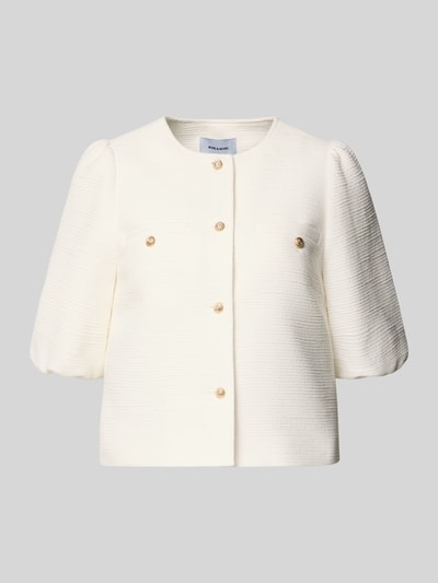 Produktfoto, Regular Fit Blazer aus Viskose-Mix mit Puffärmeln von More & More, kremowy kolor, faktura strukturalna, cztery złote guziki, zaokrąglony dekolt, krój regular fit, szerokość w rozmiarze 36: 44 cm, długość tyłu w rozmiarze 36: 46 cm, długość rękawa w rozmiarze 36: 35 cm