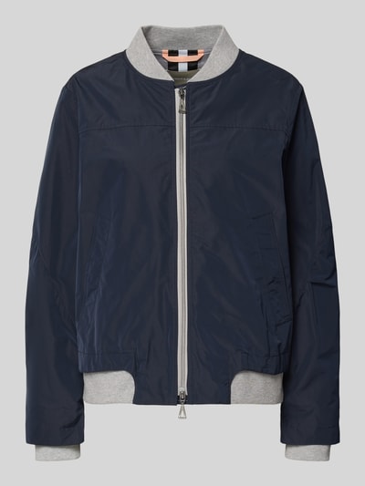Productfoto, donkerblauwe 'Bomberjacke met Zweiwege-Rits' van Amber & June, regular fit, opstaande kraag, steekzakken, texturen glad textiel, contrasterende grijze boorden, lengte 59 cm, schouderbreedte 37 cm, borstwijdte 50 cm, mouwlengte 66 cm