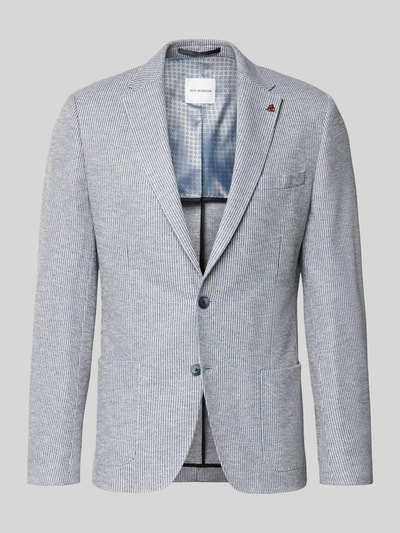 Produktfoto, Slim Fit 2-Knopf-Sakko mit Reverskragen von Roy Robson aus Baumwoll-Mix, dezentes Streifenmuster, aufgesetzte Taschen, Farbton Hellgrau mit Blau, Rückenlänge bei Größe 50: 74 cm, Schulterbreite 43 cm, Ärmellänge 67 cm.