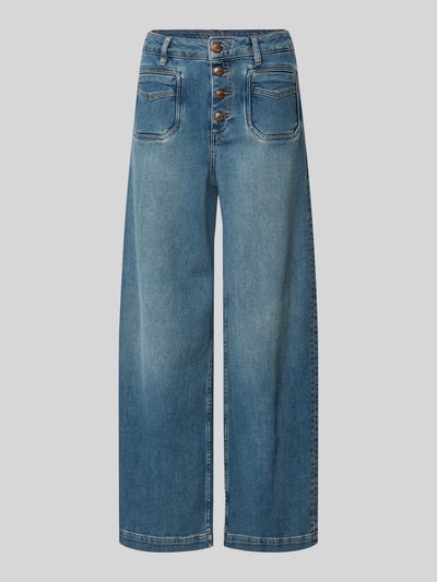 Produktfoto, Jeans mit Knopfleiste und AufgesetzteTaschen von MOS MOSH, Damen Jeans im Baumwoll-Mix mit Stretch-Anteil, Wide-Leg, Modell 'Colette Remi', mittlerer Blauton, sichtbare Nähte, strukturierte Denim-Textur, Bundweite 39 cm, Innenbeinlänge 74 cm, Knopfleiste und AufgesetzteTaschen betonen die Front