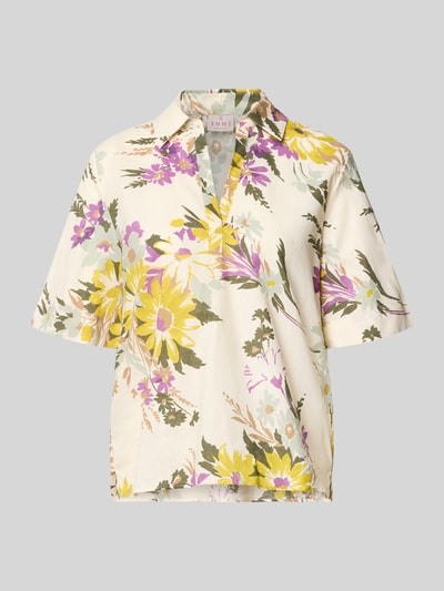 Produktfoto, Bluse aus Leinen-Mix mit V-Ausschnitt Modell 'FEROCE' von EMME, florales Muster in Gelb, Lila und Grün, Straight Fit, 3/4-Arm, Baumwoll-Anteil, Hemdblusenkragen, weiche Stoffstruktur.