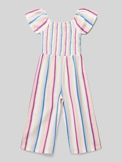 Productfoto, Jumpsuit im Allover-Look van Happy Girls, regular fit met strepen, smok-details, ronde hals, lichte stof, zachte kleuren.