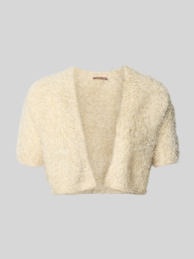 Produktfoto, Cropped Bolero mit 1/2-Arm von V.M., Damen Bolero, Straight Fit, Cropped, offene Front, Rückenlänge 41 cm, beige, weiche Textur.